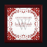 Red White Lace Wedding Anniversary Gift Box<br><div class="desc">Unique and Stylish fractal lace borders gorgeous red & white colours - Exquisite and elegant custom Wedding, Anniversary or engagement present. Personalise with names, anniversary date and monogram or numbers - made into a wonderful wooden gift box to keep trinkets, jewellery box for your special keepsakes. Makes a wonderful gift...</div>