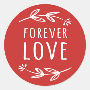 Red & White Laurel Leaf Forever Love Wedding Party Classic Round Sticker