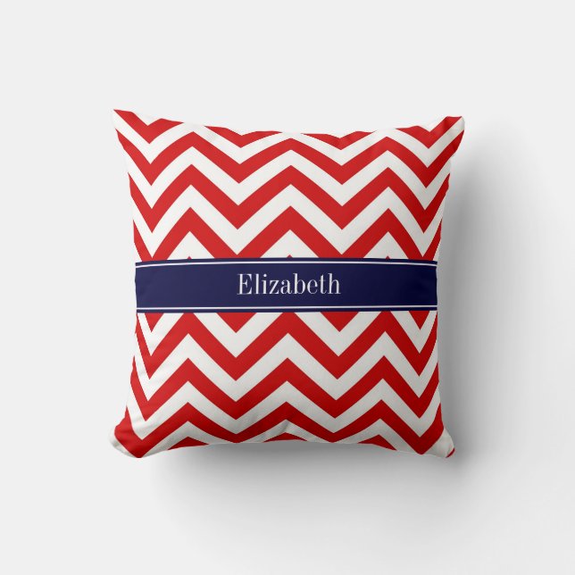 Red White LG Chevron Navy Blue Name Monogram Cushion (Front)