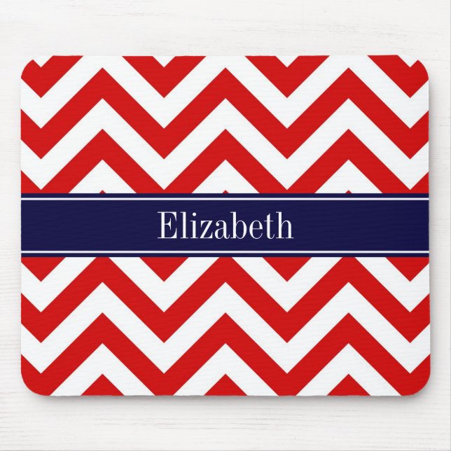 Red White LG Chevron Navy Blue Name Monogram Mouse Pad (Front)