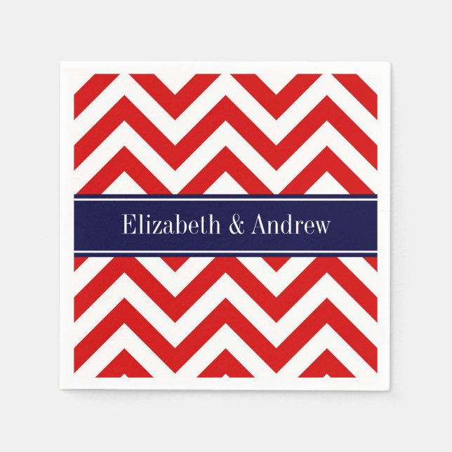 Red White LG Chevron Navy Blue Name Monogram Napkin (Front)