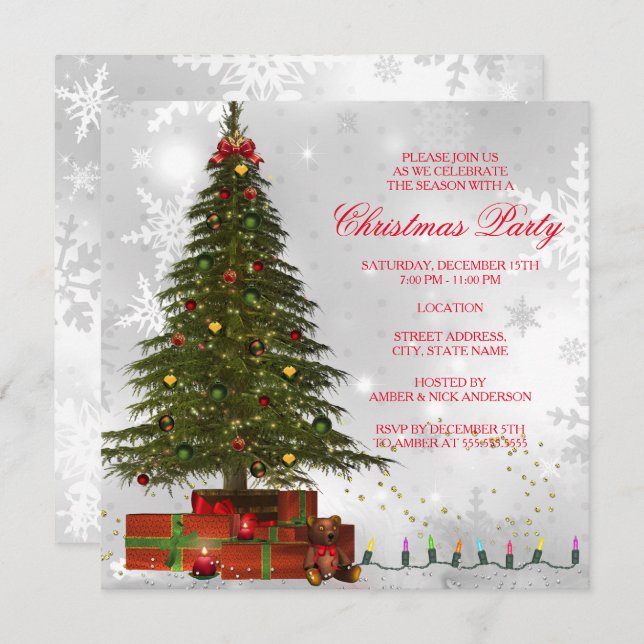 Red White Lights Tree Festive Christmas Party Invitation (Front/Back)