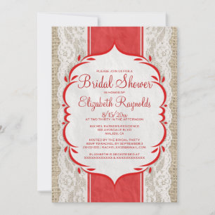 Red White Linen Burlap Lace Bridal Shower Invites