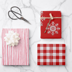 Red White Lines Silver Snowflake Red White Plaid Wrapping Paper Sheet