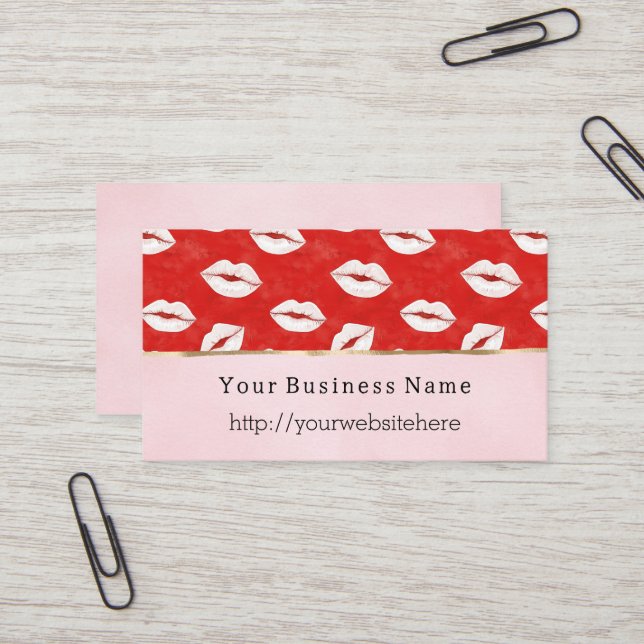 Red White Lips Kiss Pink Business name website Business Card (Front/Back In Situ)