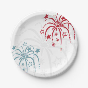 Red White & Lite Blue Fireworks 4th of July Party Paper Plate