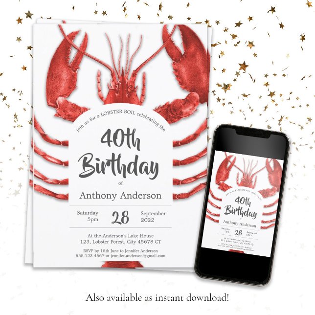 Red White Lobster Boil Custom Birthday Party Invitation (Red White Lobster Boil Custom Birthday Party Invitation)