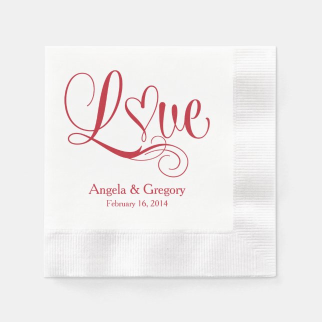 Red White Love Heart Personalised Wedding Napkin (Front)