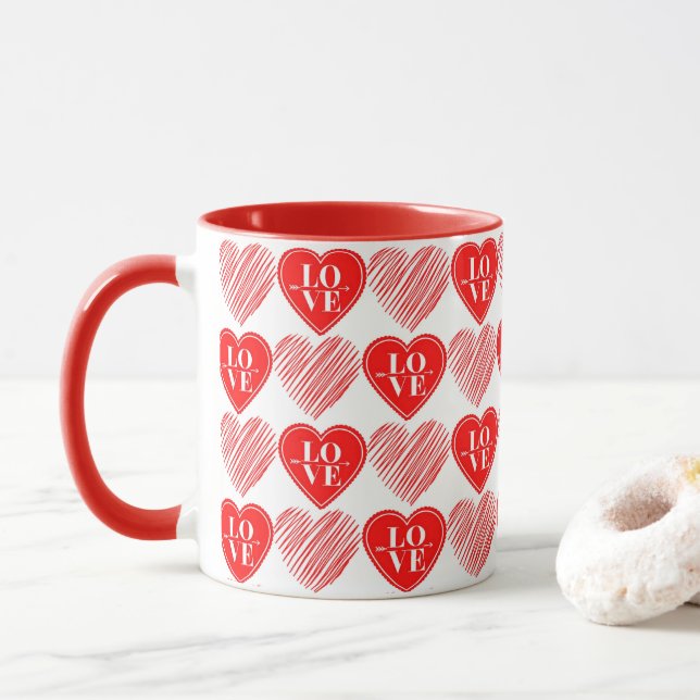 Red White Love Hearts Mug (With Donut)
