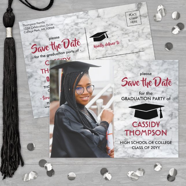 Red & White Marble Graduation Photo Save the Date Postcard (Creator Uploaded)