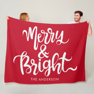 Red & White Merry and Bright Custom Name Fleece Blanket