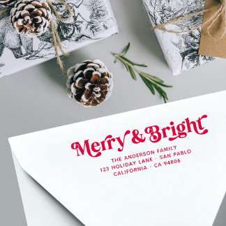 Red White Merry Bright Retro Xmas Return Address  Self-inking Stamp