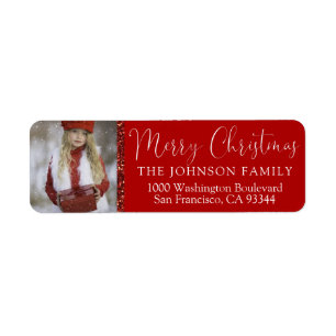 Red White Merry Christmas Add PHOTO Return Address Return Address Label