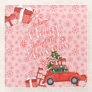 RED & WHITE MERRY CHRISTMAS CAR TREE PRESENTS GLASS COASTER