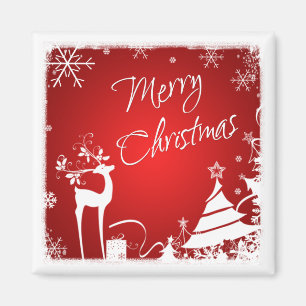 Red White Merry Christmas Deer, Snowflakes Magnet