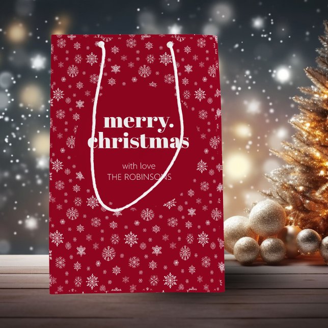 Red White Merry Christmas Snowflake Pattern Medium Gift Bag (Christmas holiday snowflake pattern gift bag)