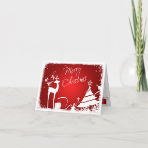 Red, White Merry Christmas Trees & Deer Photo Card