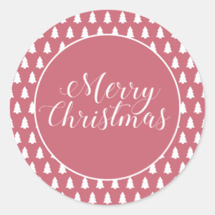 Red White Merry Christmas White Xmas Tree Pattern Classic Round Sticker