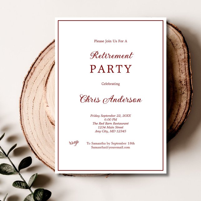 Red White Minimal Simple Modern Retirement Party Invitation (Burgundy Red White minimal simple Retirement party for him or her invitation. Printed or Digital )
