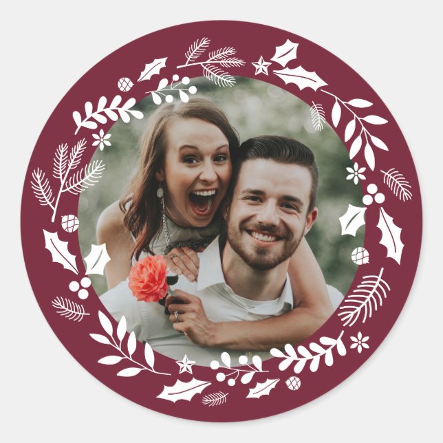 Red White Minimal Wreath Photo Classic Round Sticker (Front)