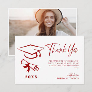 Red White Minimalist Modern Graduation Photo Thank You Card