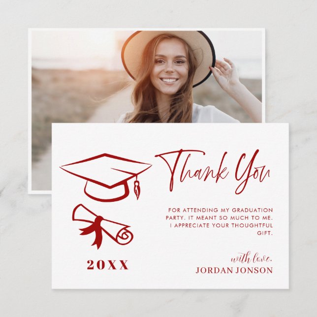 Red White Minimalist Modern Graduation Photo Thank You Card (Front/Back)