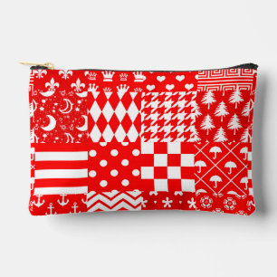 Red White Mixed Patterns Patchwork Design Accessory Pouch