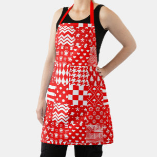 Red White Mixed Patterns Patchwork Design  Apron