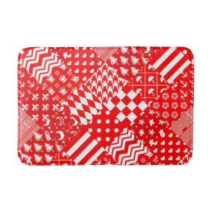 Red White Mixed Patterns Patchwork Design Bath Mat