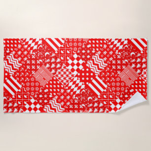 Red White Mixed Patterns Patchwork Design Beach Towel