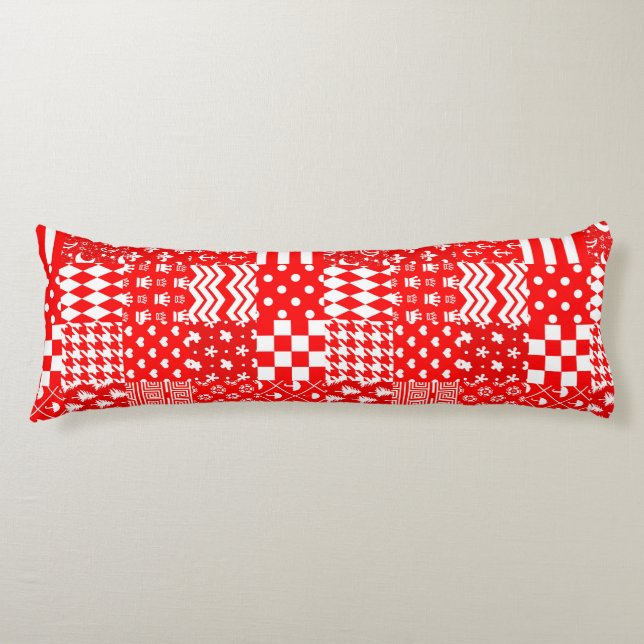 Red White Mixed Patterns Patchwork Design  Body Cushion (Front)