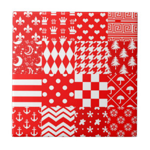 Red White Mixed Patterns Patchwork Design Ceramic Tile