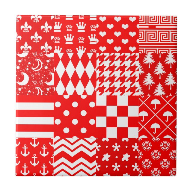 Red White Mixed Patterns Patchwork Design  Ceramic Tile (Front)