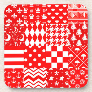 Red White Mixed Patterns Patchwork Design Coaster