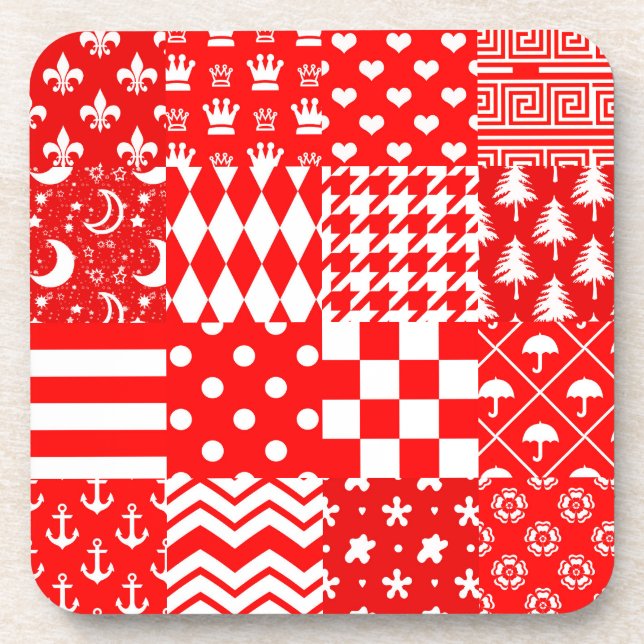 Red White Mixed Patterns Patchwork Design  Coaster (Front)