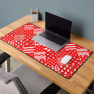 Red White Mixed Patterns Patchwork Design Desk Mat