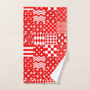 Red White Mixed Patterns Patchwork Design Hand Towel