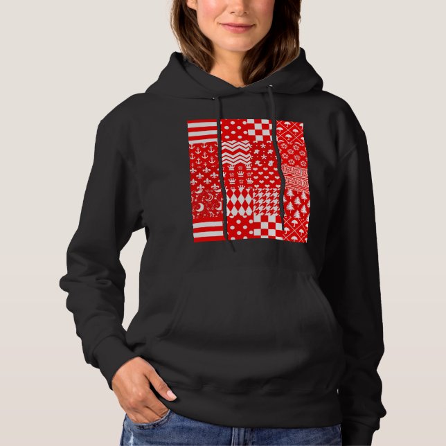 Red White Mixed Patterns Patchwork Design  Hoodie (Front)