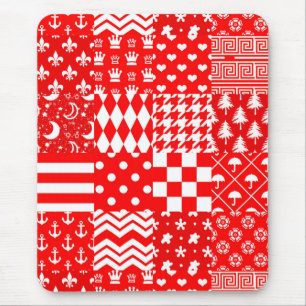 Red White Mixed Patterns Patchwork Design Mouse Pad