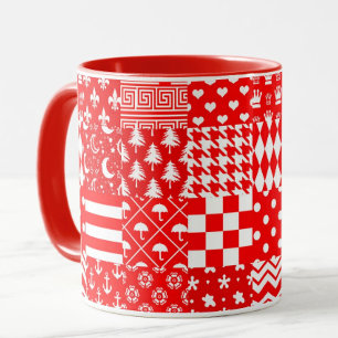 Red White Mixed Patterns Patchwork Design Mug