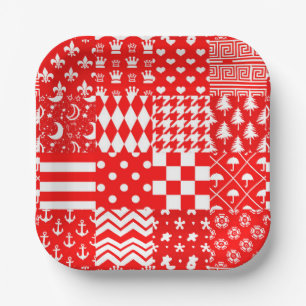 Red White Mixed Patterns Patchwork Design  Paper Plate