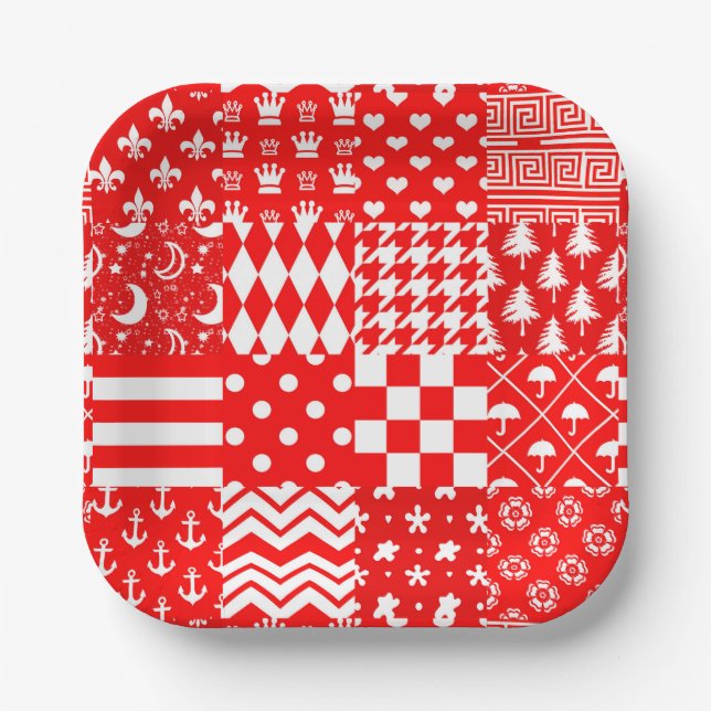 Red White Mixed Patterns Patchwork Design  Paper Plate (Front)