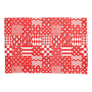Red White Mixed Patterns Patchwork Design Pillowcase