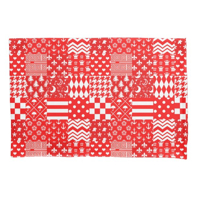 Red White Mixed Patterns Patchwork Design  Pillowcase (Front)