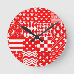 Red White Mixed Patterns Patchwork Design Round Clock