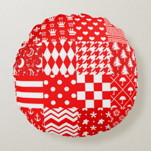 Red White Mixed Patterns Patchwork Design  Round Cushion