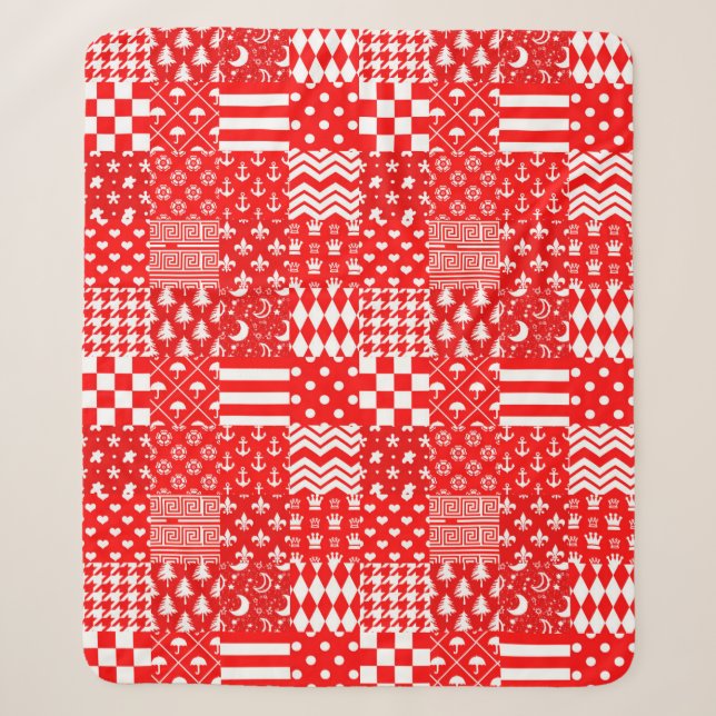 Red White Mixed Patterns Patchwork Design  Sherpa Blanket (Front)