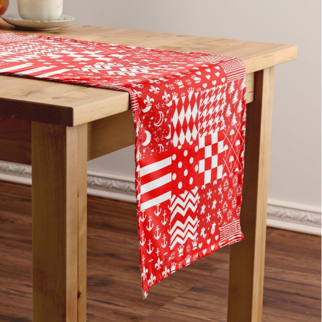 Red White Mixed Patterns Patchwork Design  Short Table Runner (Creator Uploaded)