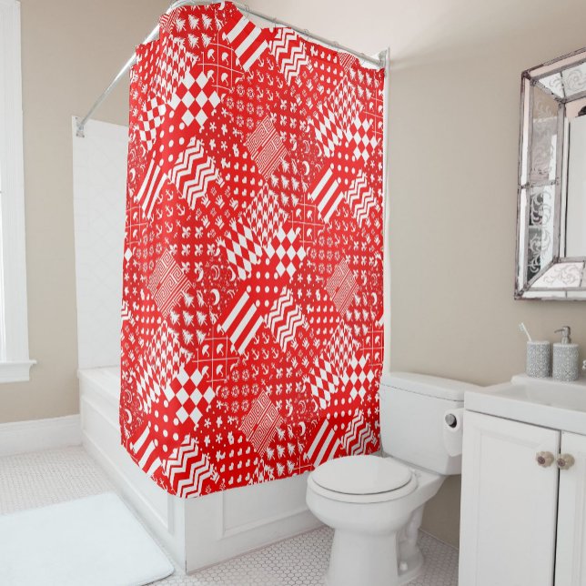 Red White Mixed Patterns Patchwork Design  Shower Curtain (Creator Uploaded)