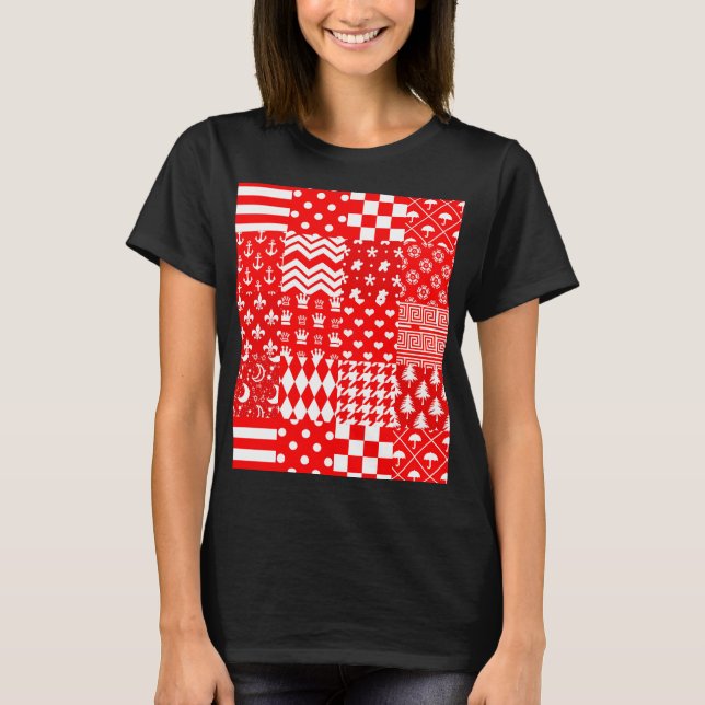 Red White Mixed Patterns Patchwork Design  T-Shirt (Front)